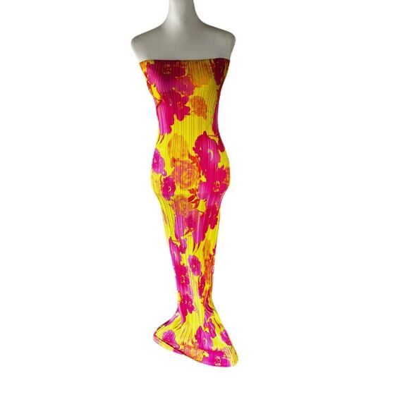 PrettyLittleThing Pink and Yellow Floral Bandeau Dress | EUC | 2 - Picture 1 of 8